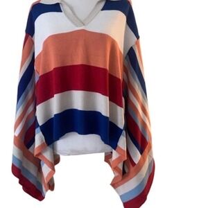Mersea Striped Knit Poncho Polo Collar V-Neck Oversized Multi-Color OS